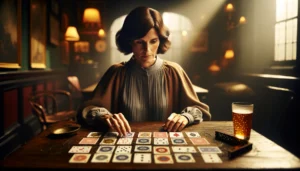 Женщина гадает на игральных картах в уютной комнате, озаренной теплым светом.