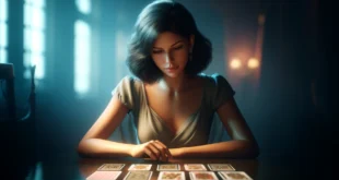 Eine junge Frau erzählt in gemütlicher Atmosphäre mit Spielkarten Wahrsagereien und studiert aufmerksam das Layout.