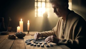 A man divining runes in a dimly lit room with a wooden table.