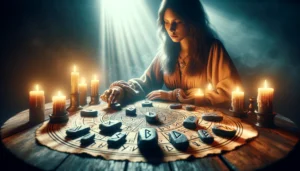 Молодая девушка гадает на рунах за столом при свечах в мистической атмосфере.