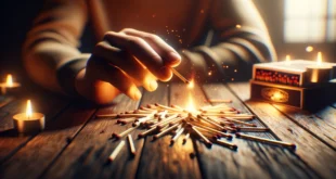 Зажигание спички с искрами на деревянном столе при свечном свете.
