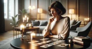 Eine Frau mittleren Alters liest in einem modernen Interieur mit Tarotkarten Wahrsagerei.