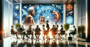 Reunión de negocios moderna con diversos profesionales que representan diferentes signos del zodíaco en un entorno de oficina realista