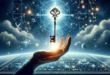 The key of knowledge against the background of zodiacal symbols in space.