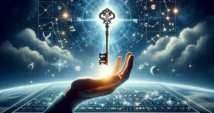 Рука с левитирующим светящимся ключом на фоне ночного звёздного неба с астрологическими символами и карта созвездий