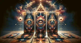 Layout von Designer-Tarotkarten auf einem Tisch mit einem Augensymbol in einem Dreieck zur Wahrsagerei und Orientierung im Leben
