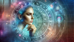 Женщина-мечтательница на фоне астрологического зодиакального колеса, символизирующая связь личности с космосом