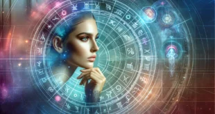 Una mujer soñadora en el contexto de la rueda del zodíaco astrológico, que simboliza la conexión del individuo con el cosmos.
