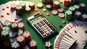 Image of a poker calculator with probability display surrounded by cards and poker chips on a green cloth.