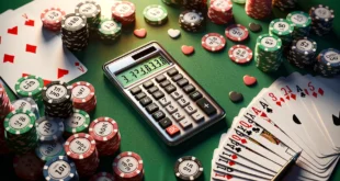 Image of a poker calculator with probability display surrounded by cards and poker chips on a green cloth.
