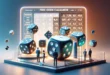 Image of a modern odds calculator with large dice and figures of people and probability analytics.