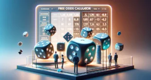 Image of a modern odds calculator with large dice and figures of people and probability analytics.