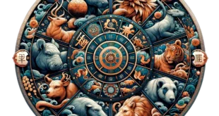 Горизонтальное изображение колеса китайского зодиака в ультра-реалистичном стиле с детализированными символами 12 животных и традиционными иероглифами на сине-оранжевой цветовой гамме.