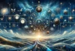 Constellations of zodiac signs in the night sky with symbolic objects of life stages
