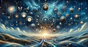 Констелляции знаков зодиака на ночном небе с символическими предметами жизненных этапов