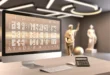 Современный офис с темой «Конвертер дат римских цифр» с элегантным письменным столом, компьютером с сенсорным экраном высокой четкости и калькулятором с римскими цифрами, на фоне древнеримской статуи и колонн.