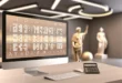 Modernes Büro im Thema „Datumskonverter mit römischen Ziffern“ mit elegantem Schreibtisch, HD-Touchscreen-Computer und Rechner mit römischen Ziffern, mit einer antiken römischen Statue und Säulen im Hintergrund.