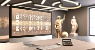 Modernes Büro im Thema „Datumskonverter mit römischen Ziffern“ mit elegantem Schreibtisch, HD-Touchscreen-Computer und Rechner mit römischen Ziffern, mit einer antiken römischen Statue und Säulen im Hintergrund.