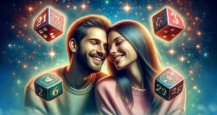 Пара улыбающихся молодых людей с волшебными кубиками на фоне звездного неба.