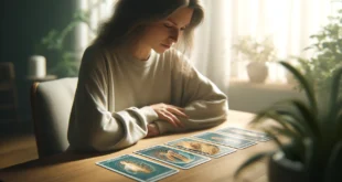 Una niña de mediana edad elige cartas del Tarot sobre una mesa de madera en una habitación acogedora.