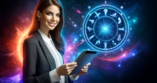 A smiling businesswoman in a modern office suit holds a clipboard in front of a zodiac circle on a cosmic background
