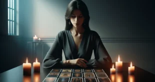 Ein Mädchen mittleren Alters studiert aufmerksam ein Tarotkartenlayout in einem schwach beleuchteten Raum mit Kandelabern.