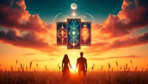 Silhouetten eines Mannes und einer Frau bei Sonnenuntergang mit drei Tarotkarten dazwischen.