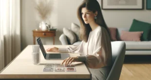 Ein junges Mädchen liest das Tarot, während es an einem modernen Schreibtisch mit offenem Laptop und arrangierten Tarotkarten in einem hellen Raum sitzt.