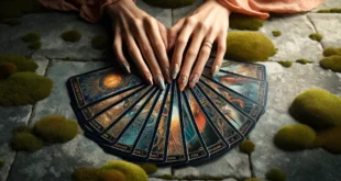 Gepflegte Hände halten ein Tarot, das auf einer Steinoberfläche mit Moos ausgebreitet ist.
