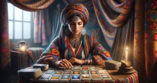 Zigeuner-Wahrsagerin sagt in einem farbenfrohen Zelt die Liebe mithilfe von Tarotkarten voraus