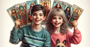 Zwei lächelnde Kinder, ein Junge und ein Mädchen, halten große Tarotkarten in ihren Händen.