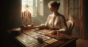 Una mujer de mediana edad lee cartas del tarot en una habitación antigua con decoración vintage.