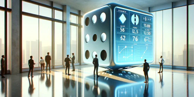 Группа людей в деловой одежде в светлом офисе с большими окнами рассматривает огромные кубики, рядом современный цифровой дисплей показывает вероятностные уравнения.