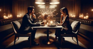 Романтический ужин пары в роскошном ресторане с мягким освещением и элегантной сервировкой стола