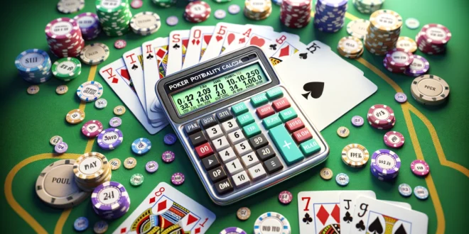 Горизонтальное изображение современного калькулятора вероятностей покера и раздачи карт на зелёном столе для покера с разноцветными фишками.