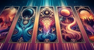 Космические Таро карты с планетами и звёздными потоками.