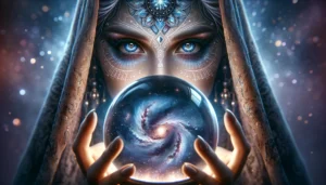 Гадальщица с интенсивными голубыми глазами и сложным узором на лице заглядывает в хрустальный шар с отражением галактики.