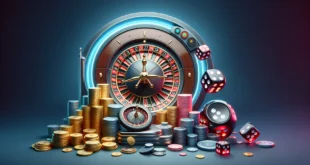 Современный дизайн казино с рулеткой, костями и монетами на горизонтальном изображении.
