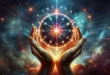 A man's hands hold an astrological wheel of zodiac signs against a background of starry space.