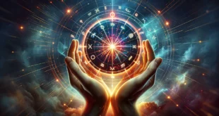 Руки человека держат астрологическое колесо знаков зодиака на фоне звездного космоса.