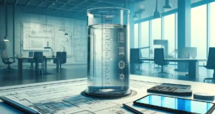 Техническое изображение измерительного цилиндра с чертежами на фоне современного офиса.