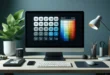 A modern workstation with a monitor displaying a hex calculator application, on the desk a stylish keyboard, a designer mouse and a potted plant