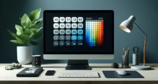 Lugar de trabajo moderno con un monitor que muestra una aplicación de calculadora hexadecimal, sobre la mesa hay un teclado elegante, un ratón de diseño y una maceta con una planta.