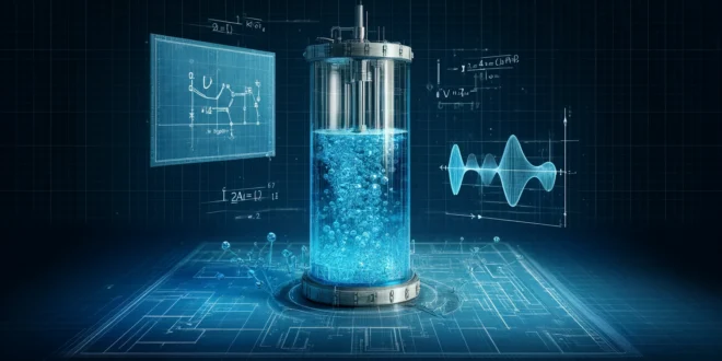 Научный эксперимент с жидкостью в цилиндре на фоне схем и формул.