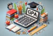 GPA калькулятор с книгами, карандашами, яблоками и шапкой выпускника.