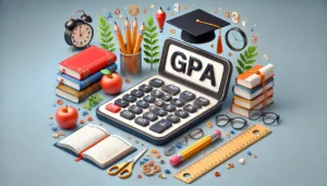 GPA GPA калькулятор с книгами, карандашами, яблоками и шапкой выпускника.