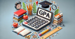GPA калькулятор с книгами, карандашами, яблоками и шапкой выпускника.