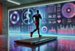 Futuristic treadmill with digital data showing time, distance, pace and heart rate.