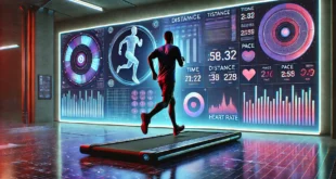 Futuristisches Laufband mit digitaler Anzeige von Zeit, Entfernung, Tempo und Herzfrequenz.