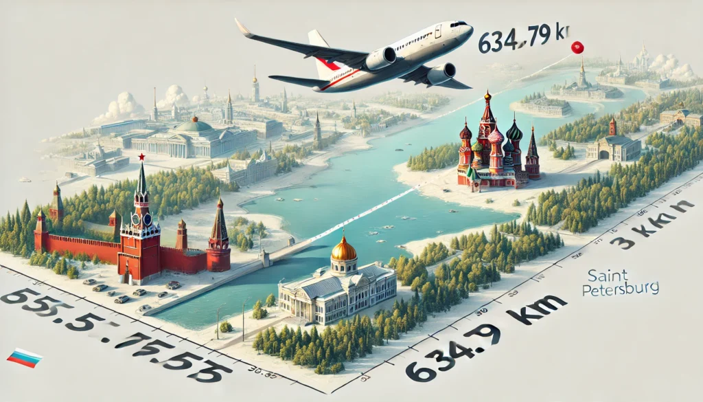 Самолёт, летящий между Москвой и Санкт-Петербургом, с указанием расстояния 634,79 км.